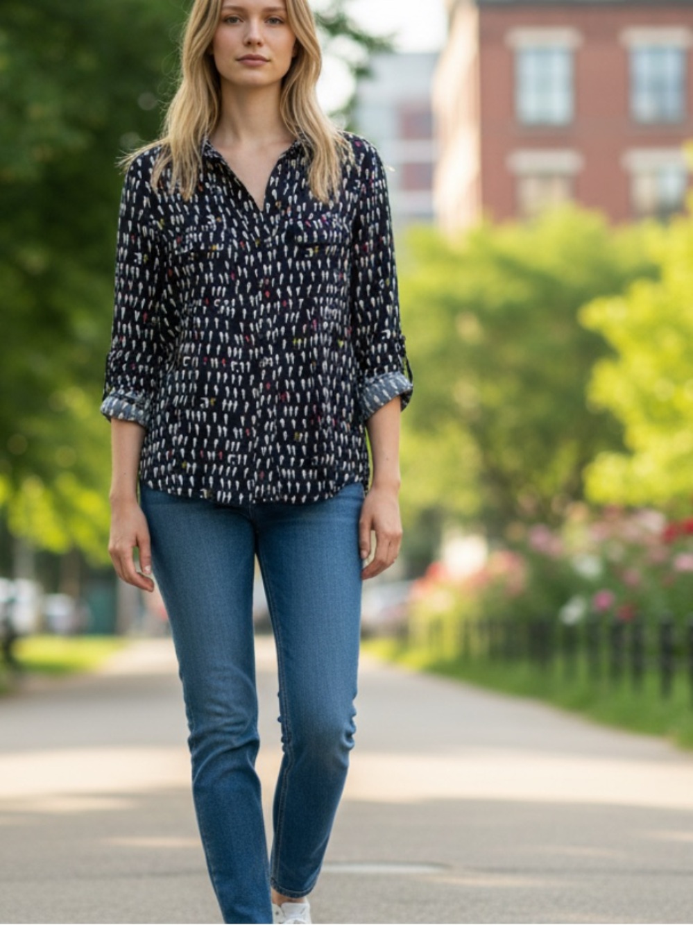 Maeve Navy Button-Front Parrot Printed Long Sleeve Shirt